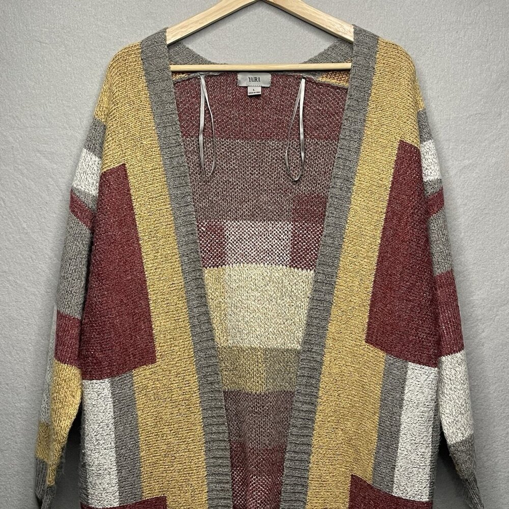 Yaira Open Knit Cardigan Sweater Colorblock Pattern Long L - Picture 2 of 9